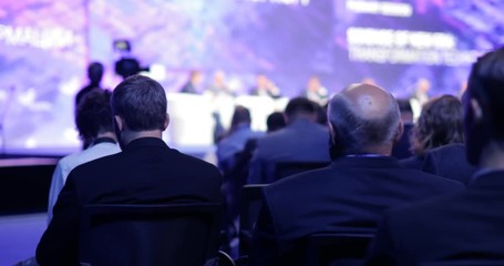 Educational science conference forum of modern technologies in scientific center. Briefing with viewers and journalists. International business and political summit in audience. Symposium with heads.