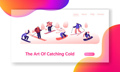 Sportswomen Having Fun on Ski Resort Website Landing Page. Happy People Riding Snowboard and Skis by Snow Slopes. Winter Time Season Holidays, Travel Web Page Banner. Cartoon Flat Vector Illustration