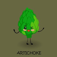 Cute cartoon artichoke. Tasty vegetables. Vegan character with eyes and a smile. Dark background.