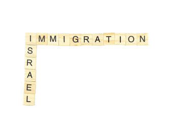 Immigration minimalistic concept. Isolated wooden letter blocks with word cloud Immigration to Israel