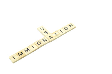 Immigration minimalistic concept. Isolated wooden letter blocks with word cloud Immigration to USA
