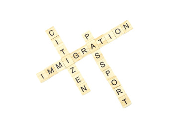 Immigration minimalistic concept. Isolated wooden letter blocks with word cloud Immigration citizen and passport