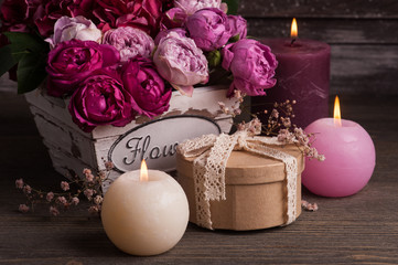 Red hydrangea flowers and pink roses