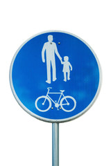 Road sign for bikes and pedestrians isolated on white background