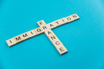 Immigration minimalistic concept. Isolated wooden letter blocks with word cloud Immigration to France