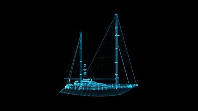 Ship, pleasure boat, speed boat, vessel. Glow points and line formation of boat. Seamless loop 4k animation. Ship frame with sail Virtual Model. Digital technology visualization of 3d.