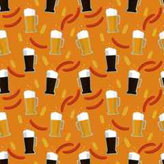  Seamless pattern: beer mugs, sausages and rye on a sand background. Flat vector. Illustration