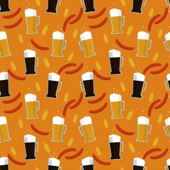  Seamless pattern: beer mugs, sausages and rye on a sand background. Flat vector. Illustration