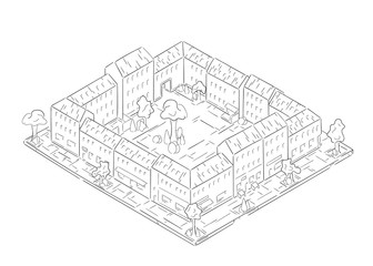 arial view of block of houses with shops, street and trees