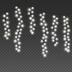 Seamless light garlands. Hanging christmas vertical lights with white lamps. Glowing xmas festive vector isolated fairy decoration