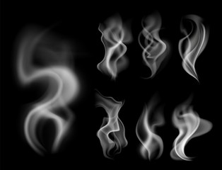 Effect steam on black. White fog and graphic smoke with blowing cloud on dark background isolated vector illustration