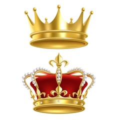 Real royal crown. Imperial gold luxury monarchy medieval crowns for heraldic sign isolated realistic vector set on white background