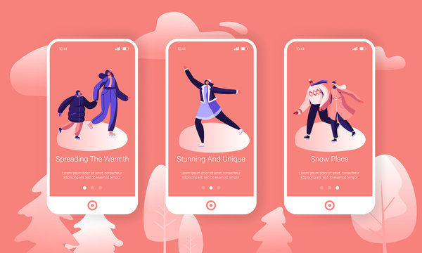 Winter Holidays Outdoors Family Spare Time Mobile App Page Onboard Screen Set Happy People Skating on Ice Rink. Festive Season Activity Concept for Website or Web Page Cartoon Flat Vector Illustration