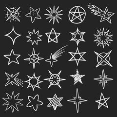 Hand drawn stars. Pen sketch star collection, grunge shine black symbols. Vintage handmade doodle vector set