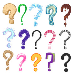 Question marks. Hand drawn color interrogation icons, sketch ask question symbols. Doodle vector set