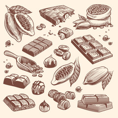 Sketch cocoa and chocolate. Cacao and coffee seeds and chocolate bars and candies. Hand drawn sweets isolated vector set - obrazy, fototapety, plakaty