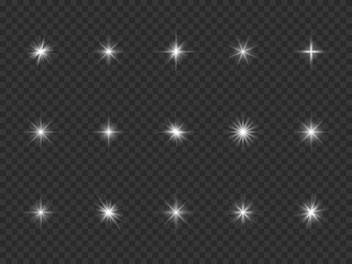 Light effect. White starburst sparks, bright optical flare with rays. Glowing dust particles. Christmas abstract vector isolated elements