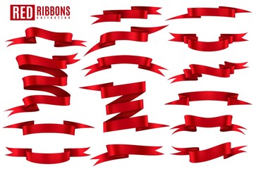 Red ribbon banner. Scarlet silk decorative empty shiny tape banners for discount offer and gift. Realistic 3d isolated vector set