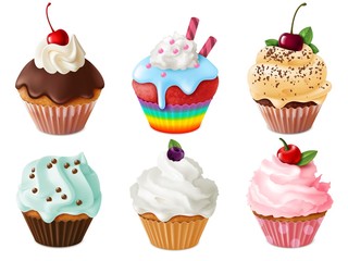 Cupcakes 3d set. Realistic sweet dessert with cream and berries, vanilla cakes. Chocolate cupcake, creamy confectionery vector set