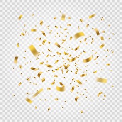 Golden confetti. Gold tinsel explosion and foil ribbons, realistic yellow glitter serpentine. Carnival and grand opening isolated elements, vector background