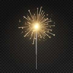 Bengal light. Burning sparkler, christmas, new year and happy birthday sparkling candle, firework isolated vector illustration