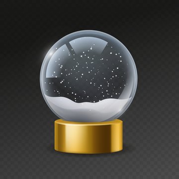 Christmas globe. Empty snowglobe with snow, magic crystal ball. Transparent glass sphere with snowflakes. Xmas souvenir vector mockup