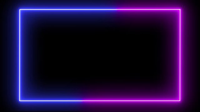 Rectangular frame with moving line. Glowing neon frame animation with purple and blue colors on black background. Fluorescent ultraviolet light.