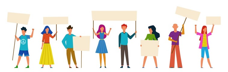 Protest. People protester with empty banners, strike street demonstration. Political revolution manifesting activists, vector concept