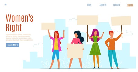 Womens rights. Feminism activists fight for rights call for change, womens equality no violence society protest, flat vector landing page