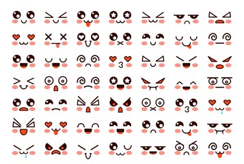 Kawaii faces. Cute cartoon emoticon with different emotions. Funny japanese emoji with eyes and mouth, comic expressions vector characters