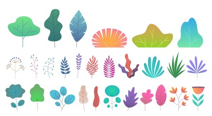 Flat minimal leaves. Simple green trees, branches and bushes. Trendy nature gradient plant and tropical foliage vector isolated set