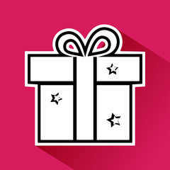 Black and white gift box with bow and stars on pink background. Vector