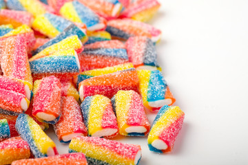 Assorted colorful gummy candies. Top view. Jelly sweets.