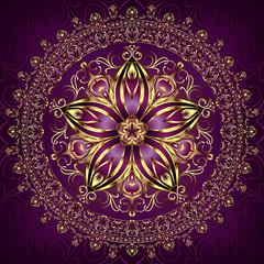 Vintage background mandala card with golden lace ornaments and art deco floral decorative elements