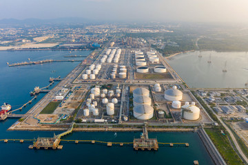 Aerial view Of the refinery with an oil depot and a petrochemical storage tank at sea with a...