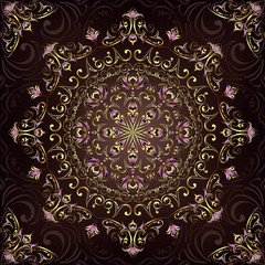 Vintage background mandala card with golden lace ornaments and art deco floral decorative elements