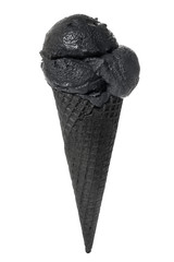 black cornet, wafer cup with scoops of black ice cream is isolated on white background, close up