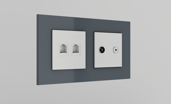 Multi socket wall outlet with electrical, ethernet, cable or satellite TV connections and light switch.. 3D rendering