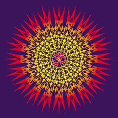 Сircle openwork mandala. Purple, yellow, red colors. Sign Aum / Om / Ohm in center. Spiritual esoteric symbol. Vector graphics art.