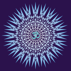 Сircle openwork mandala. Blue colors. Sign Aum / Om / Ohm in center. Spiritual esoteric symbol. Vector graphics art.