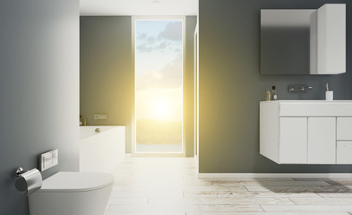 Fototapeta na wymiar Bathroom interior in gray tones. White furniture. Big window. Close-up. 3D rendering Sunset