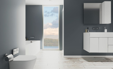Bathroom interior in gray tones. White furniture. Big window. Close-up. 3D rendering