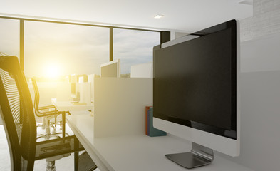 Meeting room in shades of gray. Open space. Great office. Sunset. 3D rendering
