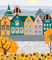 Old retro town with colorful buildings and cobblestone paved road in front. Autumn season. Flat cartoon vector