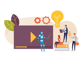 Online web internet robot education courses tutorial concept. Vector flat cartoon graphic design illustration