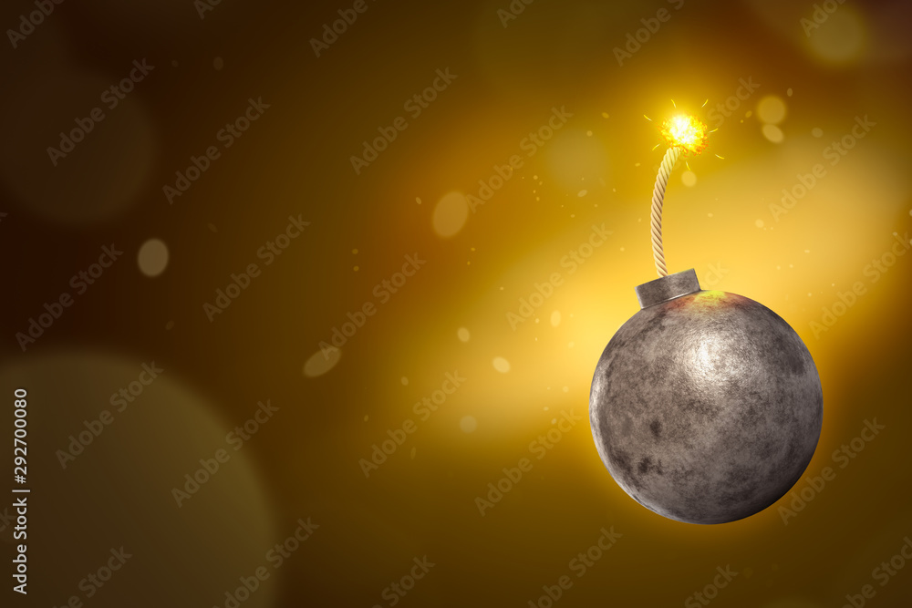 Poster 3d rendering of ball bomb with burning fuse on gold-brown gradient bokeh background with copy space.