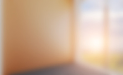 Unfocused, Blur phototography. Empty room with large windows on the background of the metropolis. Business background. 3D rendering. Sunset. mockup