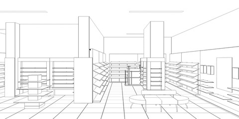 shopping mall, contour visualization, 3D illustration, sketch, outline