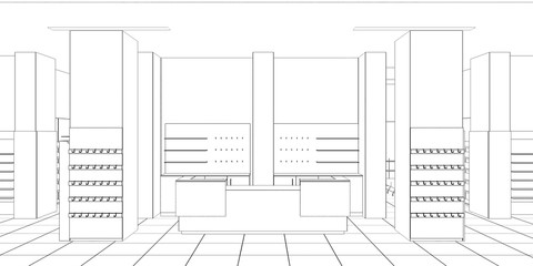 shopping mall, contour visualization, 3D illustration, sketch, outline