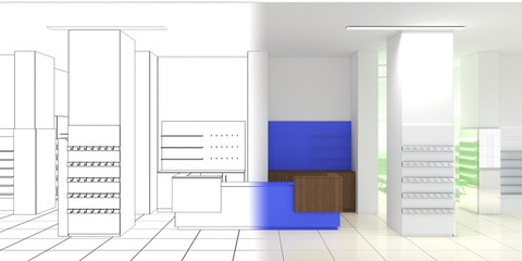 shopping mall, interior visualization, 3D illustration